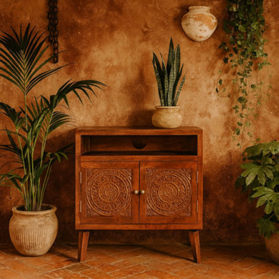 Wyld Haus Talloires Chestnut Mango Wood Media Cabinet - 2-Door Tv Unit With Open Shelf - image 1