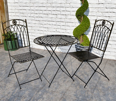 Outdoor Vintage Bistro Set, 2 Folding Chairs And Round Table - Ornate Wrought Iron Design, Fully Assembly, Black Antique Finish - image 1