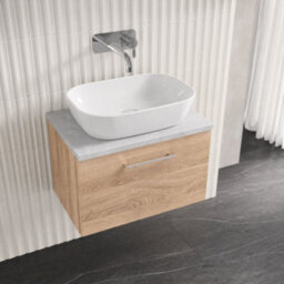 Balterley Bramshall 600mm Wall Hung 1 Drawer Vanity Unit With Laminate Worktop For Stylish Compact Bathroom Storage - Bleached Oak - thumbnail 3