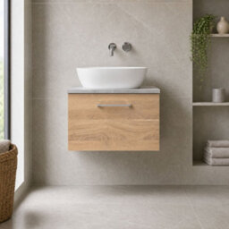 Balterley Bramshall 600mm Wall Hung 1 Drawer Vanity Unit With Laminate Worktop For Stylish Compact Bathroom Storage - Bleached Oak - thumbnail 2