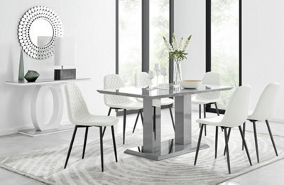 Furniturebox Imperia Grey High Gloss 6 Seater Dining Table With Structural 2 Plinth Column Legs 6 White Faux Leather Black Leg Corona Chairs - image 1