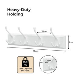 Innoteck Coat Hook Wall Mounted Coat Rack 4 Dual Hooks With White Mdf Base 40X9X7Cm - thumbnail 4