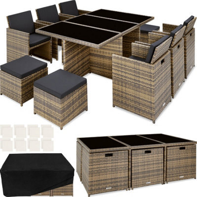 Tectake New York 6+4+1 Aluminum Rattan Seating Set With Protective Cover - Nature - image 1