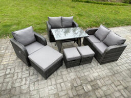 Fimous 8 Seater Outdoor Garden Dining Sets Rattan Furniture With Armchairs Love Sofa 3 Footstools Dark Grey Mixed - thumbnail 2