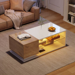 BTM Coffee Table 105X50X33Cm, High Gloss Centre Table With Led   Open Storage, 1 Door, White Wood, Mdf Glass - thumbnail 4