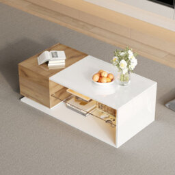 BTM Coffee Table 105X50X33Cm, High Gloss Centre Table With Led   Open Storage, 1 Door, White Wood, Mdf Glass - thumbnail 5