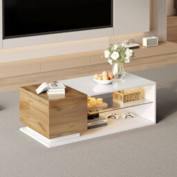 BTM Coffee Table 105X50X33Cm, High Gloss Centre Table With Led   Open Storage, 1 Door, White Wood, Mdf Glass - thumbnail 6