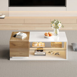 BTM Coffee Table 105X50X33Cm, High Gloss Centre Table With Led   Open Storage, 1 Door, White Wood, Mdf Glass - thumbnail 3
