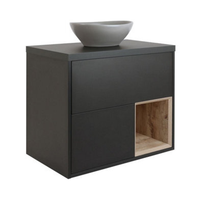 Homestylestore Black Grey 800mm Wall Hung Bathroom Vanity Unit Oval Pebble Countertop Basin Open Shelf - image 1