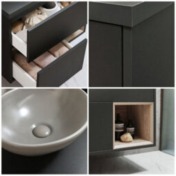 Homestylestore Black Grey 800mm Wall Hung Bathroom Vanity Unit Oval Pebble Countertop Basin Open Shelf - thumbnail 2