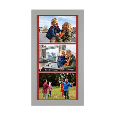 AK Frames 16X8 Light Grey Modern Multi Photo Frame With Crimson Mount - Holds 3 Apertures (3X) 7X5 Photos - image 1