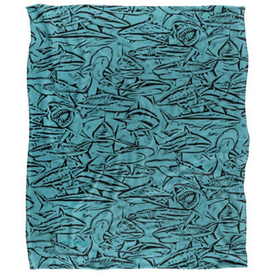 Royce Mcclure Silky Great White Shark Woodcut Supersoft Blanket Blue/black (152Cm X 127Cm) - image 1