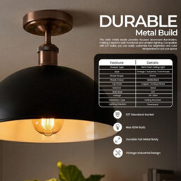 Industrial Semi-Flush Mount Ceiling Light 40Cm Black Metal Dome Lampshade With Pendant Lighting For Bathroom - thumbnail 7