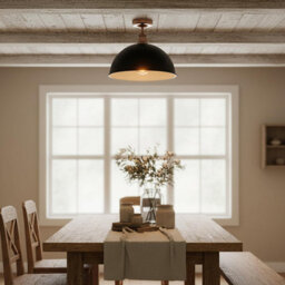 Industrial Semi-Flush Mount Ceiling Light 40Cm Black Metal Dome Lampshade With Pendant Lighting For Bathroom - thumbnail 2