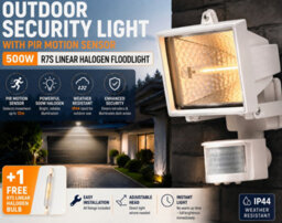 Outdoor Security Light, White, 500 Watt Ip44, Halogen, Pir Motion Sensor, Floodlight + Free Halogen Bulb - thumbnail 2