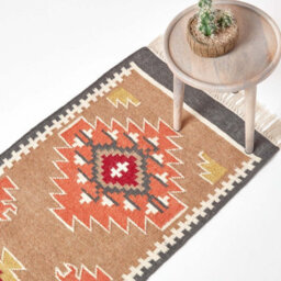 Homescapes Jaipur Handwoven Brown And Orange Patterned Kilim Wool Rug, 66 X 200 Cm - thumbnail 1