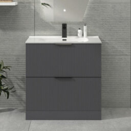 Royal Bathrooms Evora 800mm Graphite Grey Fluted Floor Standing Bathroom Vanity Unit 2 Drawer Cabinet With Ceramic Basin & Matt Black Handles