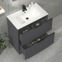 Royal Bathrooms Evora 800mm Graphite Grey Fluted Floor Standing Bathroom Vanity Unit 2 Drawer Cabinet With Ceramic Basin & Matt Black Handles - thumbnail 3