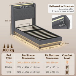 3Ft Single  Bed Frame With Rgb Led Lights, Platform Bed Frame, Dark Grey - thumbnail 2