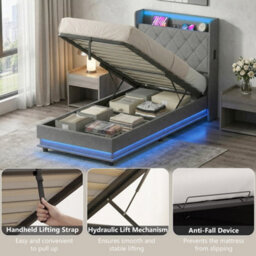 3Ft Single  Bed Frame With Rgb Led Lights, Platform Bed Frame, Dark Grey - thumbnail 4