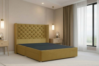 "Nexus Windsor Mustard Plush Divan Bed Base No Drawers With 54"" Floor Standing Winged Headboard 3' Single" - image 1