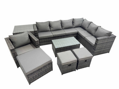 Fimous Patio Sofa Oblong Coffee Table Set Rattan Garden Furniture Set With 3 Stools Chair Side Table Dark Grey Mixed - image 1