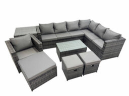 Fimous Patio Sofa Oblong Coffee Table Set Rattan Garden Furniture Set With 3 Stools Chair Side Table Dark Grey Mixed - thumbnail 1