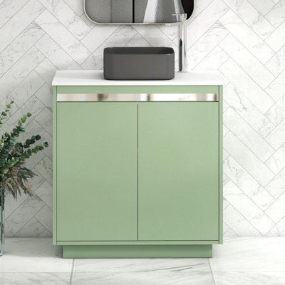 Royal Bathrooms Orion 800mm Mint Sage Floor Standing Plain White Countertop Vanity Unit 2 Door With Art Square Basin & Chrome Accent Trim - image 1