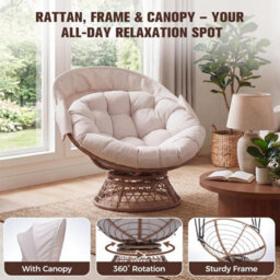 Comhoma Outdoor Papasan Chair With Canopy, Wicker Rattan Egg Moon Chair With Cushion, Patio Lounge Chair For Garden, Beige - thumbnail 8