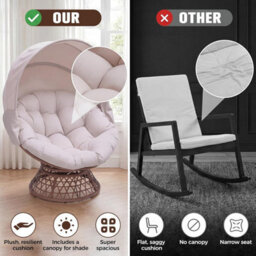 Comhoma Outdoor Papasan Chair With Canopy, Wicker Rattan Egg Moon Chair With Cushion, Patio Lounge Chair For Garden, Beige - thumbnail 7