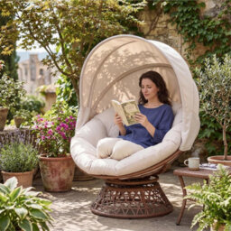 Comhoma Outdoor Papasan Chair With Canopy, Wicker Rattan Egg Moon Chair With Cushion, Patio Lounge Chair For Garden, Beige - thumbnail 3