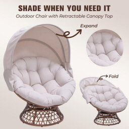 Comhoma Outdoor Papasan Chair With Canopy, Wicker Rattan Egg Moon Chair With Cushion, Patio Lounge Chair For Garden, Beige - thumbnail 6