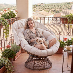 Comhoma Outdoor Papasan Chair With Canopy, Wicker Rattan Egg Moon Chair With Cushion, Patio Lounge Chair For Garden, Beige - thumbnail 1