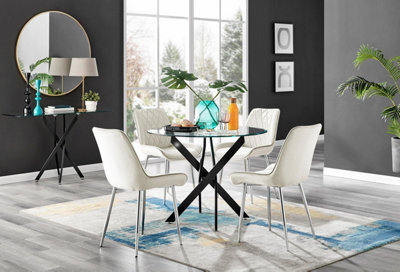 Furniturebox Uk Novara Black Leg Round Glass Dining Table & 4 Cream Pesaro Silver Leg Chairs - image 1