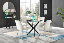 Furniturebox Uk Novara Black Leg Round Glass Dining Table & 4 Cream Pesaro Silver Leg Chairs - thumbnail 1