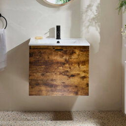 Homestylestore 600mm Dark Oak Wall Hung Bathroom Vanity Unit And Black Finger Pull Handle - thumbnail 2