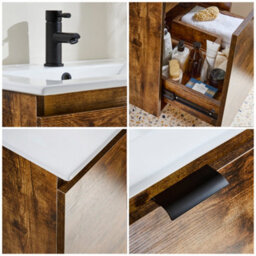 Homestylestore 600mm Dark Oak Wall Hung Bathroom Vanity Unit And Black Finger Pull Handle - thumbnail 4