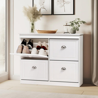 Living And Home 2 Tier White 4 Drawer Flip Down Wooden Shoe Bench Cabinet - image 1