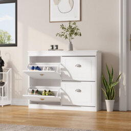 Living And Home 2 Tier White 4 Drawer Flip Down Wooden Shoe Bench Cabinet - thumbnail 4