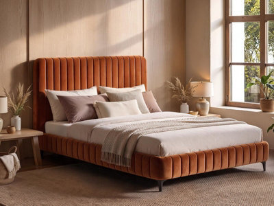 Solace+Co Adelaide Fluted Upholstered Bed Frame, Double, Burnt Orange Corduroy - image 1