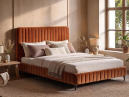 Solace+Co Adelaide Fluted Upholstered Bed Frame, Double, Burnt Orange Corduroy - thumbnail 1