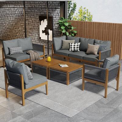 Btm 6-7 Seater Acacia Wood Garden Lounge Set, Rope Corner Sofa, Grey - image 1
