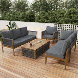 Btm 6-7 Seater Acacia Wood Garden Lounge Set, Rope Corner Sofa, Grey - thumbnail 4