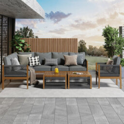 Btm 6-7 Seater Acacia Wood Garden Lounge Set, Rope Corner Sofa, Grey - thumbnail 6
