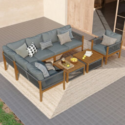 Btm 6-7 Seater Acacia Wood Garden Lounge Set, Rope Corner Sofa, Grey - thumbnail 3
