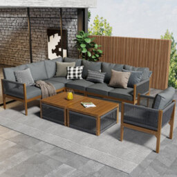 Btm 6-7 Seater Acacia Wood Garden Lounge Set, Rope Corner Sofa, Grey - thumbnail 5