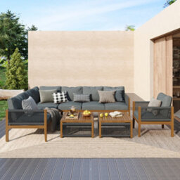 Btm 6-7 Seater Acacia Wood Garden Lounge Set, Rope Corner Sofa, Grey - thumbnail 2