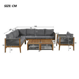 Btm 6-7 Seater Acacia Wood Garden Lounge Set, Rope Corner Sofa, Grey - thumbnail 8