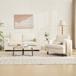 Mid-Century Modern Accent Armchair, Upholstered Linen Single Sofa Chair With Wide Armrests, Off-White - thumbnail 6