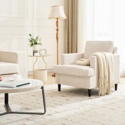 Mid-Century Modern Accent Armchair, Upholstered Linen Single Sofa Chair With Wide Armrests, Off-White - thumbnail 2